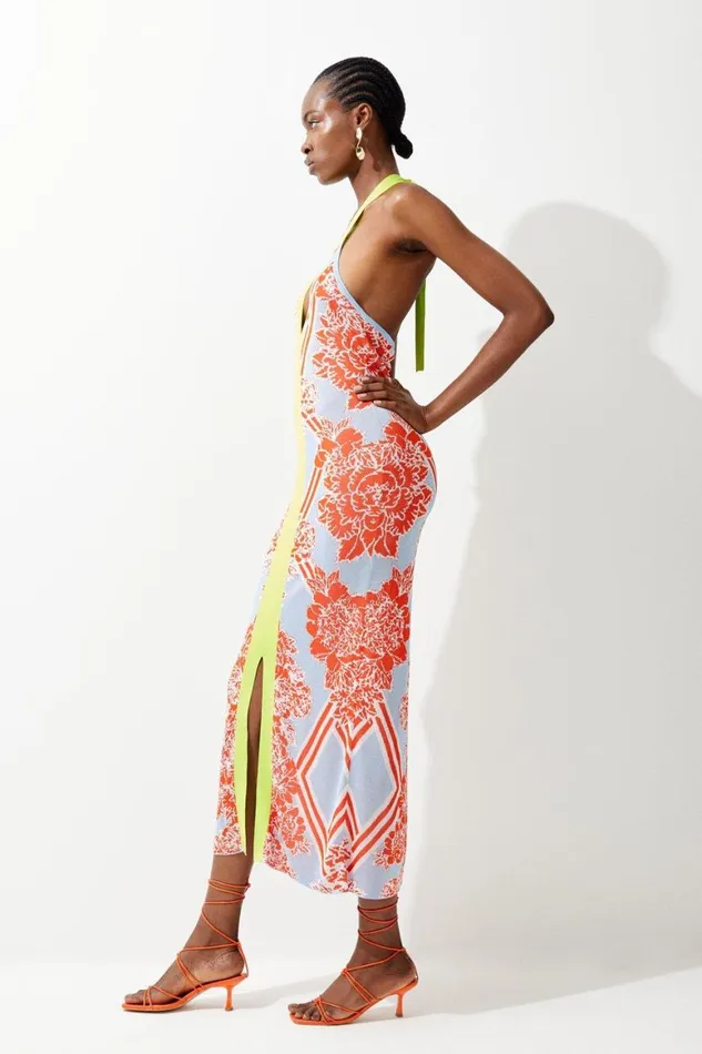 Knitwear Women Karen Millen Slinky Mirrored Floral Jacquard Knit Dress Lime