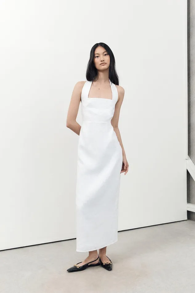 LEO WHITE HALTER LINEN MIDI DRESS Women DISSH Linen Dresses
