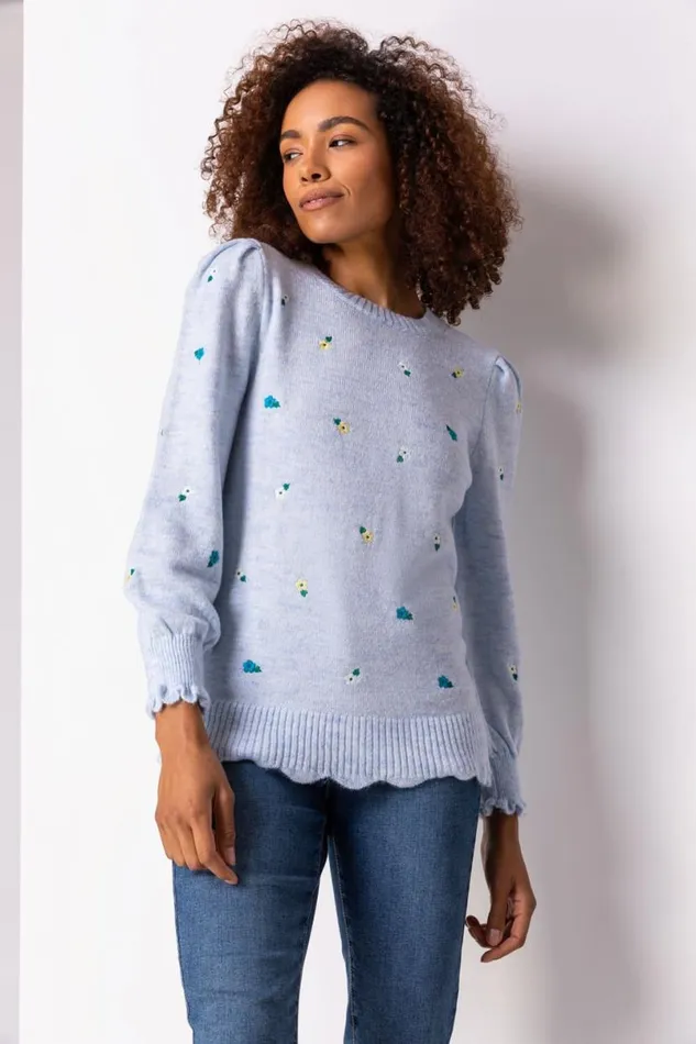 Light Blue Floral Embroidered Scallop Hem Jumper Women Roman Knitwear