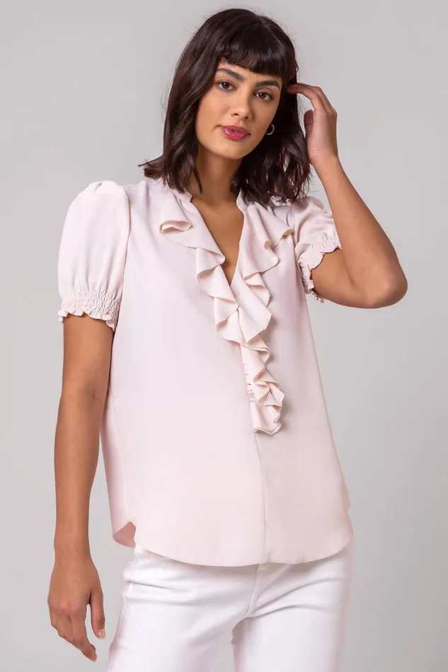 Light Pink Frill Detail VNeck Top Women Roman Tops