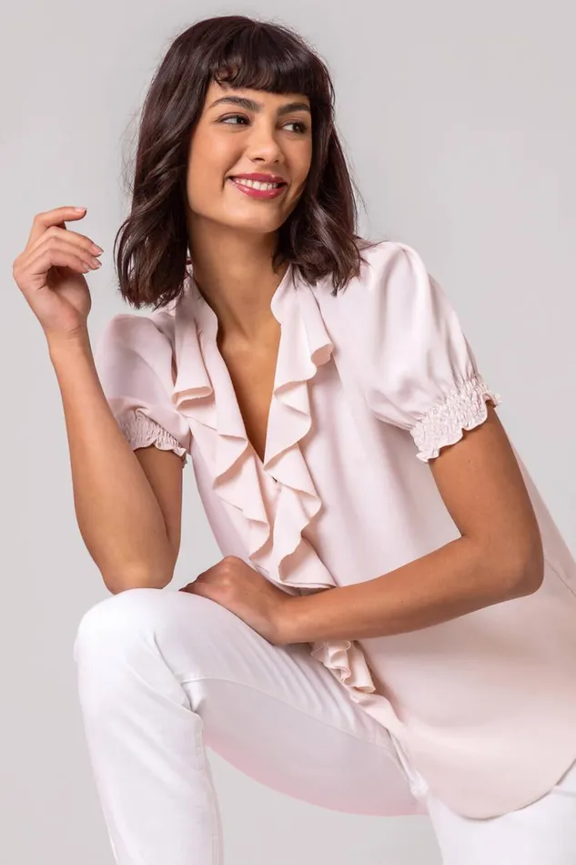 Light Pink Frill Detail VNeck Top Women Roman Tops