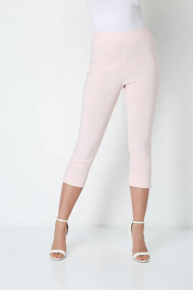 Light Pink Petite Elastic Waist Stretch Cropped Trouser Women Roman Trousers