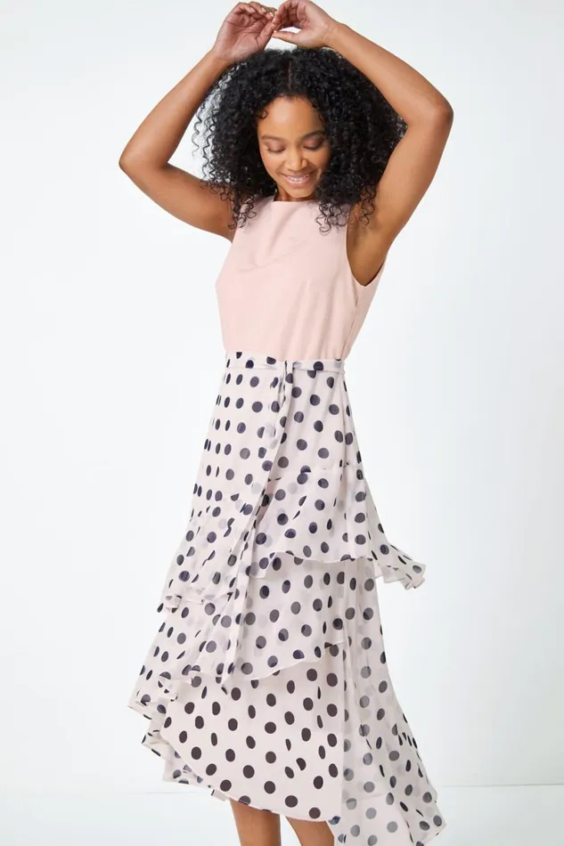 Light Pink Petite Sleeveless Polka Dot Chiffon Midi Dress Women Roman Dresses