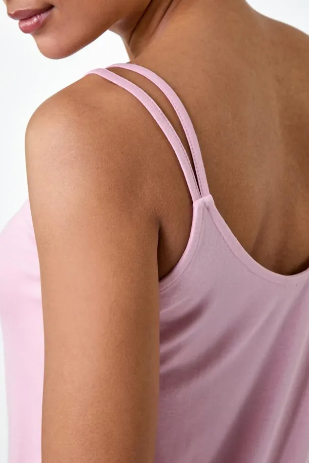 Light Pink Plain Double Strap VNeck Stretch Vest Top Women Roman Tops