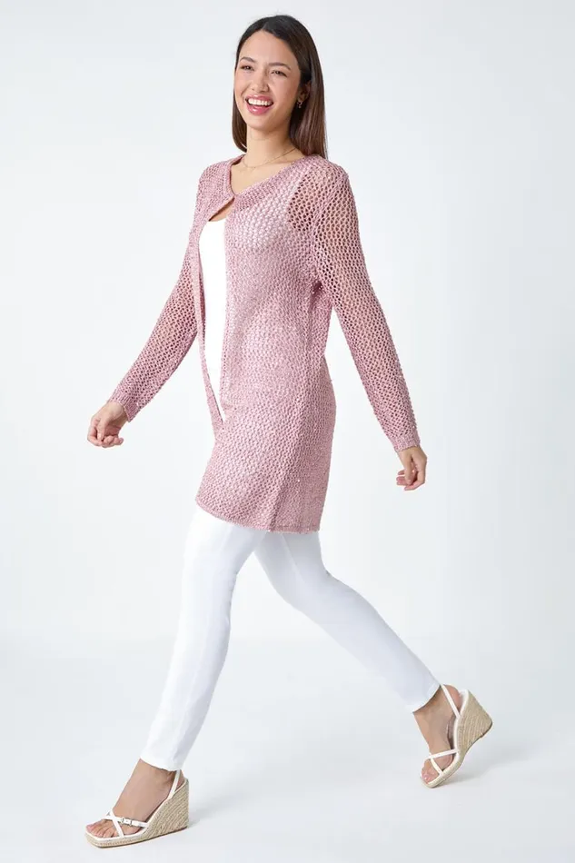 Light Pink Sequin Knit Longline Cardigan Women Roman Knitwear
