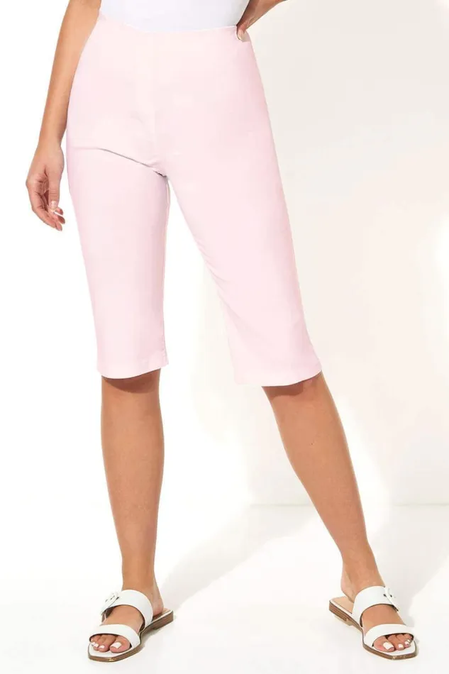 LightPink Stretch Knee Length Elastic Waist Shorts Women Roman Trousers