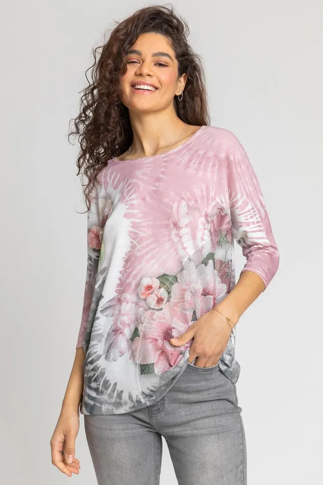 Light Pink Tie Dye Floral Border Print Top Women Roman Tops