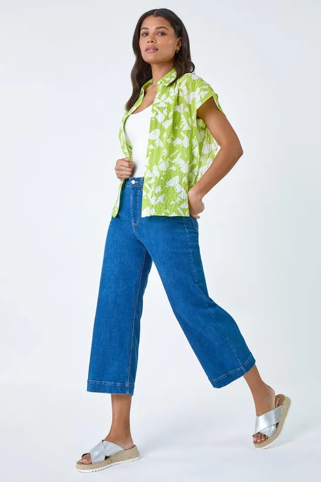 Lime Abstract Print Textured Shirt Women Roman Tops