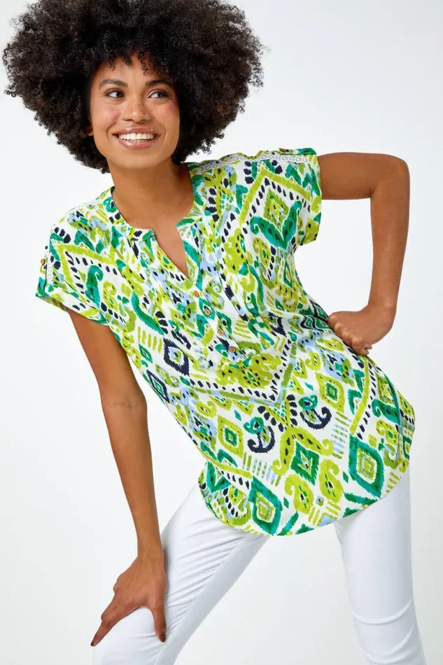 Lime Aztec Print Lace Trim VNeck Top Women Roman Tops