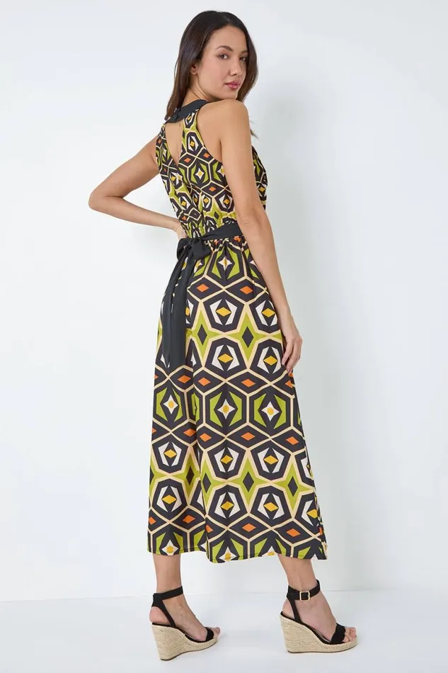 Lime Geometric Print Halter Neck Maxi Dress Women Roman Dresses