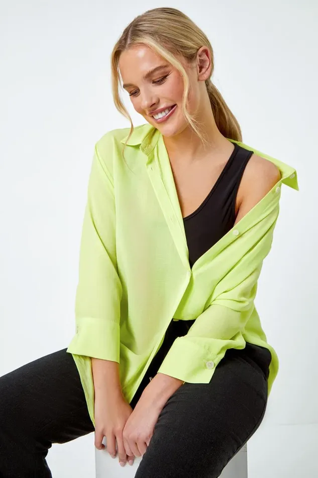 Lime Petite Longline Button Through Shirt Women Roman Tops