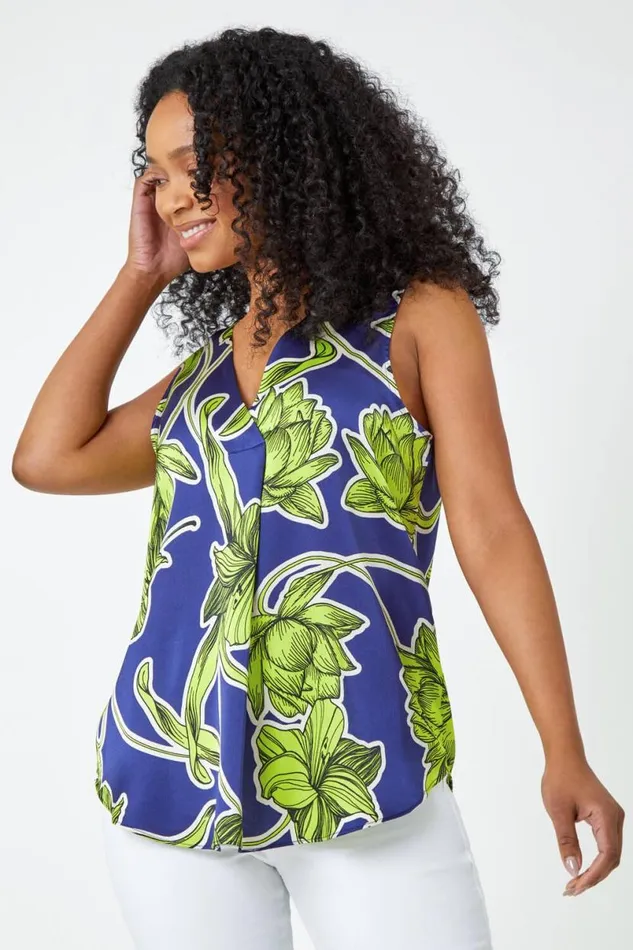 Lime Petite Satin Floral Print Top Women Roman Tops