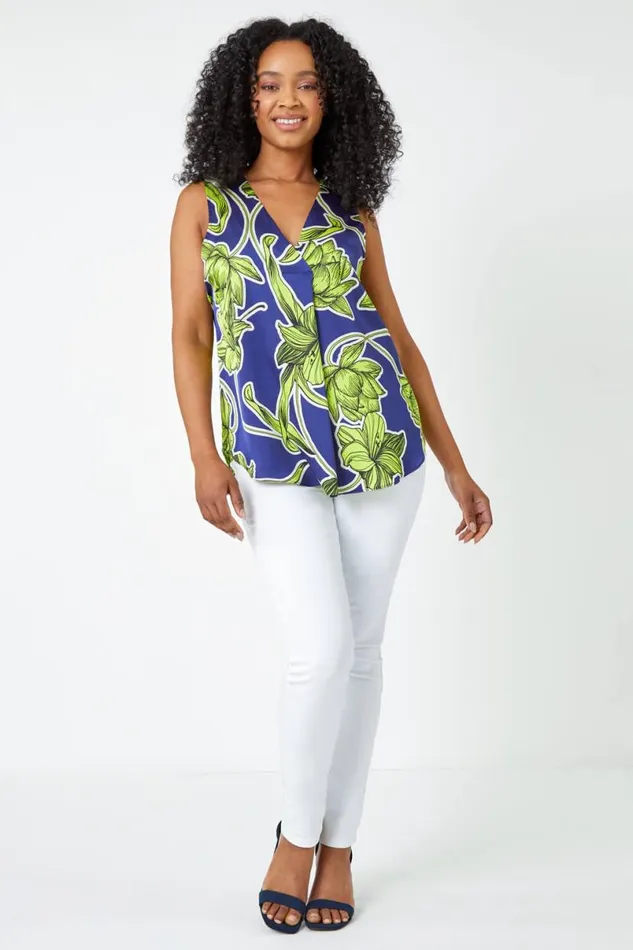 Lime Petite Satin Floral Print Top Women Roman Tops