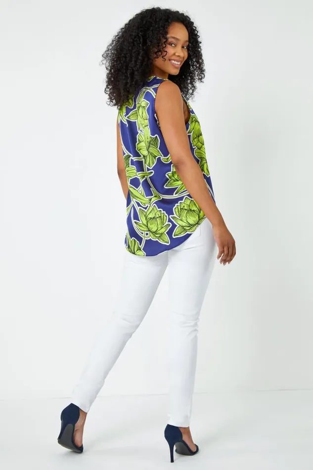 Lime Petite Satin Floral Print Top Women Roman Tops
