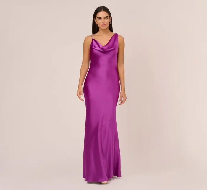 Long Dresses Womens Adrianna Papell Asymmetrical ALine Satin Gown With Rhinestone Trim In Wild Orchid Long Dresses Womens Adrianna Papell Asymmetrical ALine Satin Gown With Rhinestone Trim In Wild Orchid