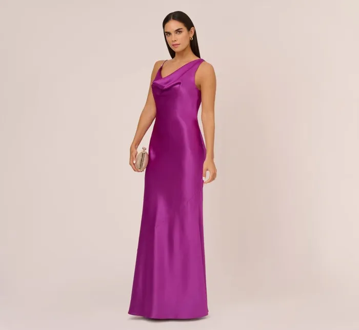 Long Dresses Womens Adrianna Papell Asymmetrical ALine Satin Gown With Rhinestone Trim In Wild Orchid