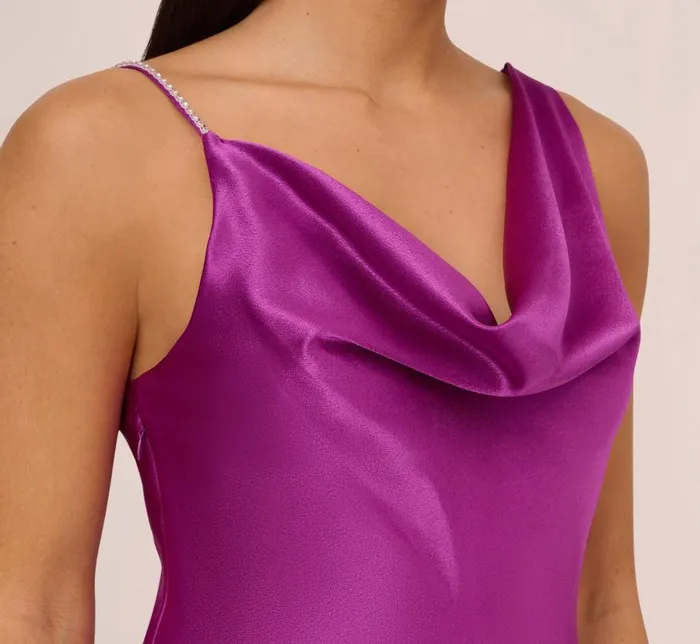 Long Dresses Womens Adrianna Papell Asymmetrical ALine Satin Gown With Rhinestone Trim In Wild Orchid