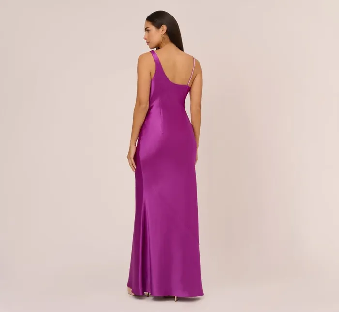 Long Dresses Womens Adrianna Papell Asymmetrical ALine Satin Gown With Rhinestone Trim In Wild Orchid