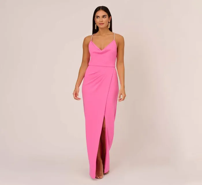 Long Dresses Womens Adrianna Papell Cowl Neck Column Gown With Draped Details In Pink Parfait Long Dresses Womens Adrianna Papell Cowl Neck Column Gown With Draped Details In Pink Parfait