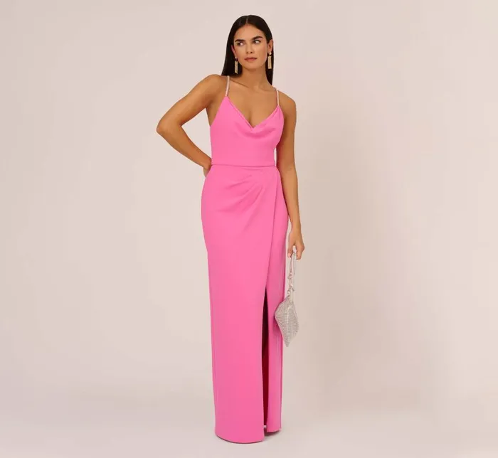 Long Dresses Womens Adrianna Papell Cowl Neck Column Gown With Draped Details In Pink Parfait
