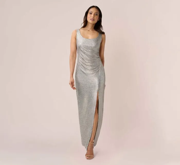 Long Dresses Womens Adrianna Papell Foiled Stretch Jersey Long Column Gown In Light Gold Long Dresses Womens Adrianna Papell Foiled Stretch Jersey Long Column Gown In Light Gold