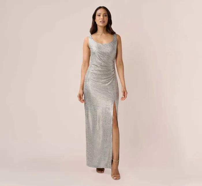 Long Dresses Womens Adrianna Papell Foiled Stretch Jersey Long Column Gown In Light Gold