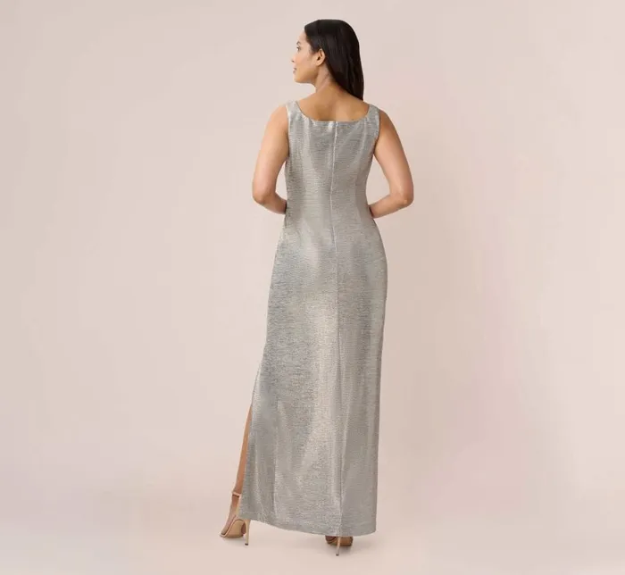 Long Dresses Womens Adrianna Papell Foiled Stretch Jersey Long Column Gown In Light Gold
