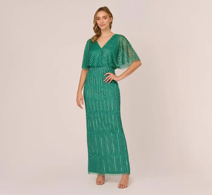 Long Dresses Womens Adrianna Papell HandBeaded Illusion Long Column Blouson Gown In Jungle Green Long Dresses Womens Adrianna Papell HandBeaded Illusion Long Column Blouson Gown In Jungle Green