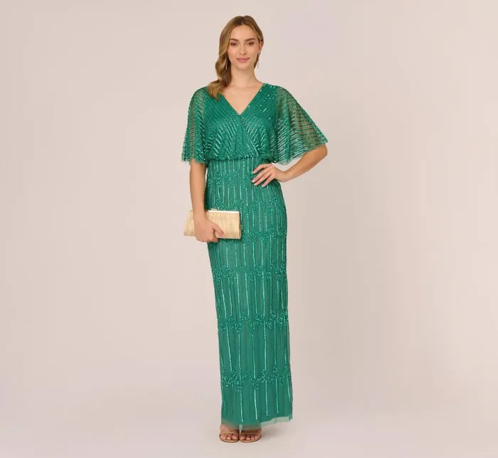 Long Dresses Womens Adrianna Papell HandBeaded Illusion Long Column Blouson Gown In Jungle Green