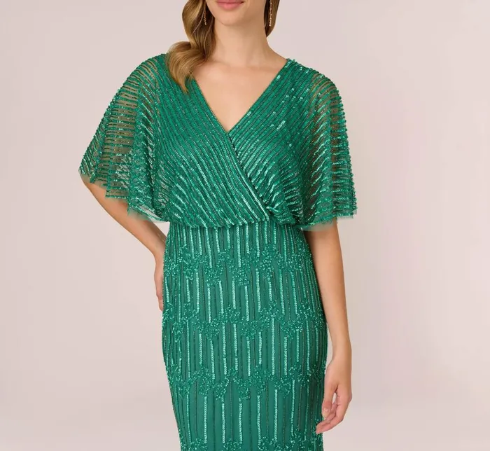 Long Dresses Womens Adrianna Papell HandBeaded Illusion Long Column Blouson Gown In Jungle Green