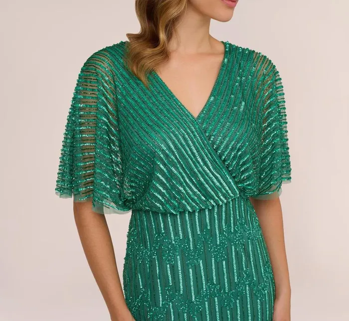 Long Dresses Womens Adrianna Papell HandBeaded Illusion Long Column Blouson Gown In Jungle Green