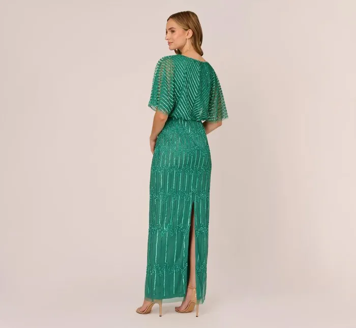 Long Dresses Womens Adrianna Papell HandBeaded Illusion Long Column Blouson Gown In Jungle Green