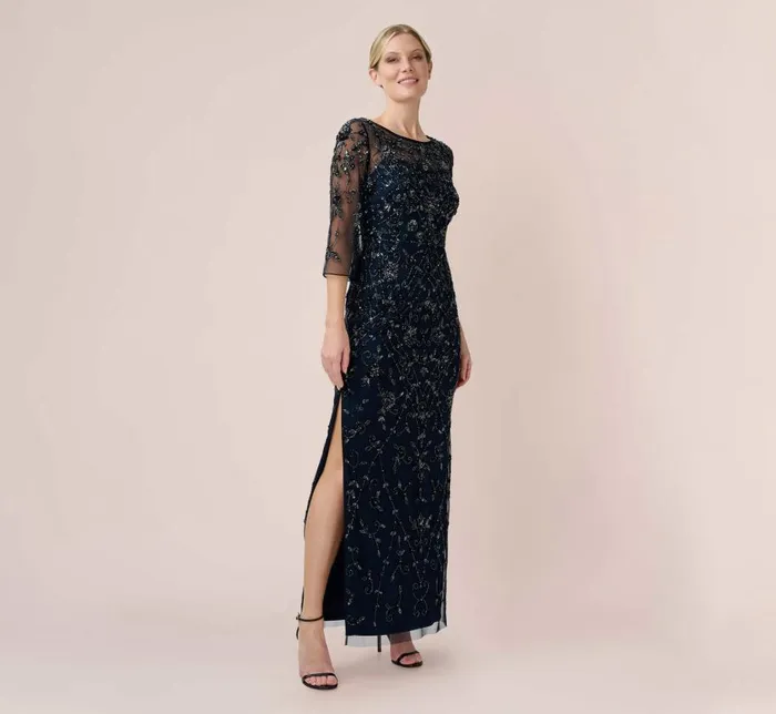 Long Dresses Womens Adrianna Papell HandBeaded Illusion Long Column Gown In Midnight Long Dresses Womens Adrianna Papell HandBeaded Illusion Long Column Gown In Midnight