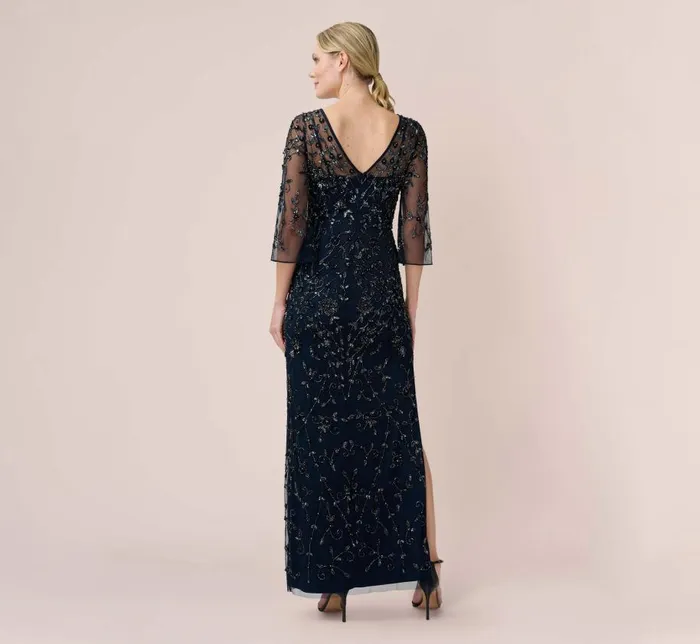 Long Dresses Womens Adrianna Papell HandBeaded Illusion Long Column Gown In Midnight