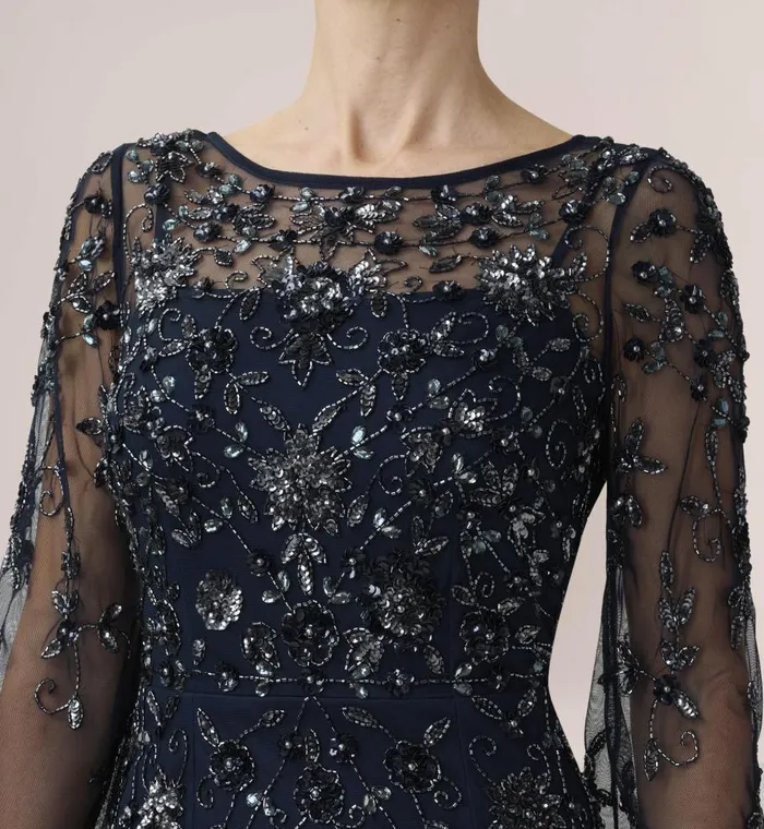 Long Dresses Womens Adrianna Papell HandBeaded Illusion Long Column Gown In Midnight