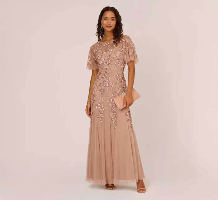 Long Dresses Womens Adrianna Papell Long Floral Beaded Gown With Flutter Sleeves In Rose Gold Long Dresses Womens Adrianna Papell Long Floral Beaded Gown With Flutter Sleeves In Rose Gold