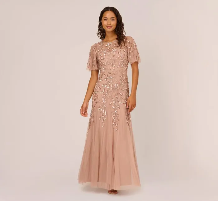 Long Dresses Womens Adrianna Papell Long Floral Beaded Gown With Flutter Sleeves In Rose Gold