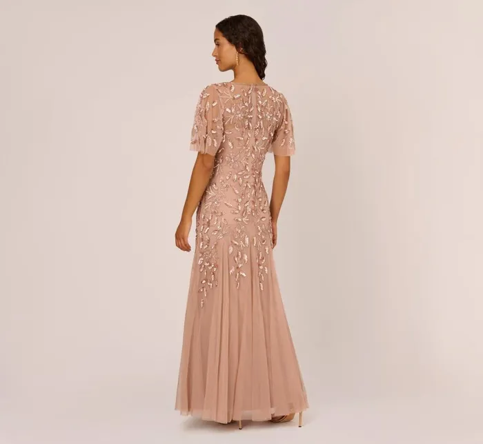 Long Dresses Womens Adrianna Papell Long Floral Beaded Gown With Flutter Sleeves In Rose Gold
