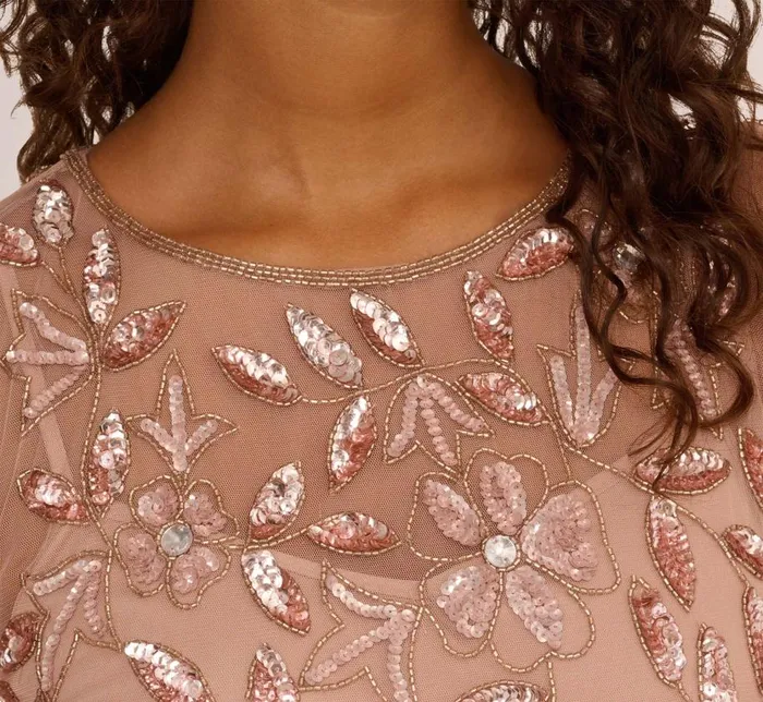 Long Dresses Womens Adrianna Papell Long Floral Beaded Gown With Flutter Sleeves In Rose Gold