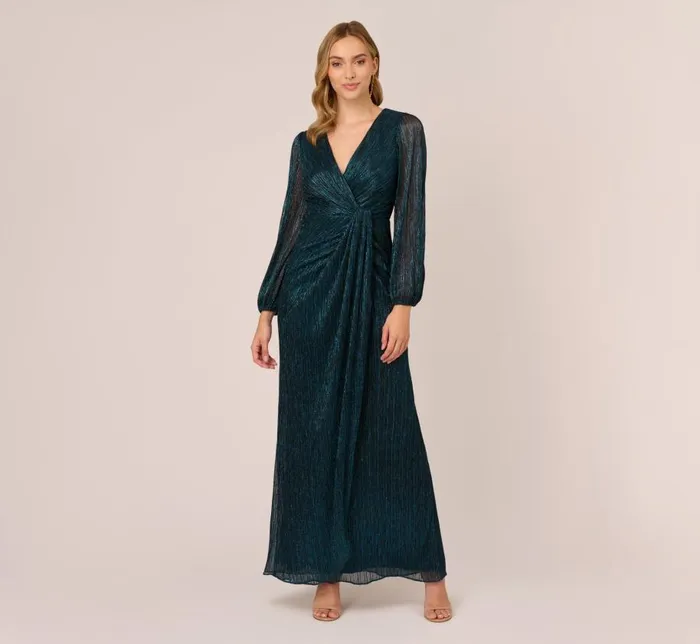 Long Dresses Womens Adrianna Papell Metallic Crinkled Mesh Draped Long Gown In Teal Sapphire Long Dresses Womens Adrianna Papell Metallic Crinkled Mesh Draped Long Gown In Teal Sapphire