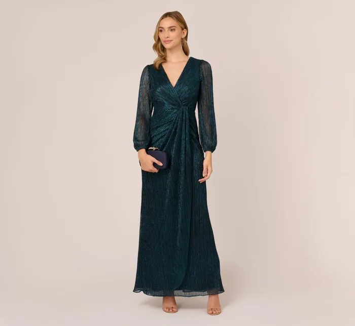 Long Dresses Womens Adrianna Papell Metallic Crinkled Mesh Draped Long Gown In Teal Sapphire