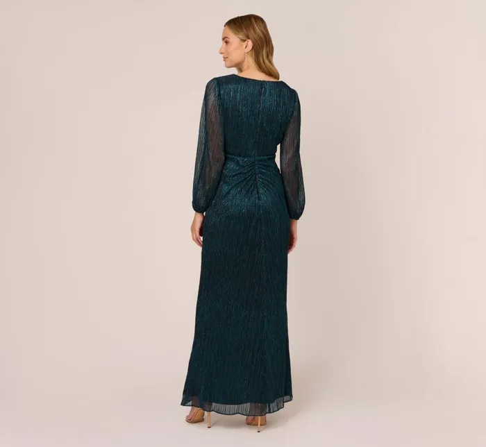 Long Dresses Womens Adrianna Papell Metallic Crinkled Mesh Draped Long Gown In Teal Sapphire