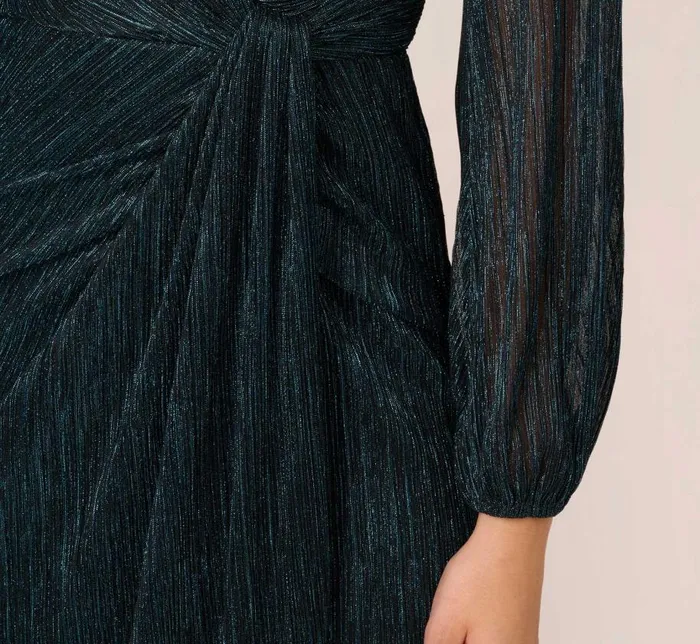 Long Dresses Womens Adrianna Papell Metallic Crinkled Mesh Draped Long Gown In Teal Sapphire