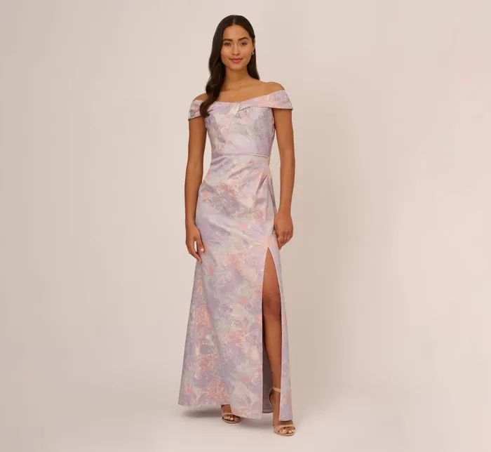 Long Dresses Womens Adrianna Papell Metallic Floral Print Jacquard Gown With Off The Shoulder Neckline In Peri Multi Long Dresses Womens Adrianna Papell Metallic Floral Print Jacquard Gown With Off The Shoulder Neckline In Peri Multi