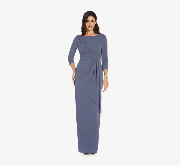 Long Dresses Womens Adrianna Papell Metallic Knit Long Draped Column Gown In Steel Blue Long Dresses Womens Adrianna Papell Metallic Knit Long Draped Column Gown In Steel Blue
