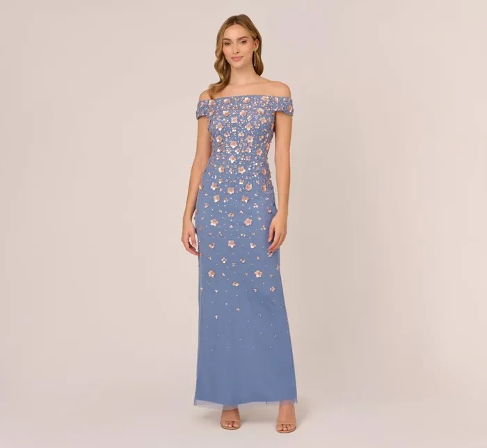 Long Dresses Womens Adrianna Papell Off Shoulder Dress With Floral Embellishment In French Blue Coral Long Dresses Womens Adrianna Papell Off Shoulder Dress With Floral Embellishment In French Blue Coral