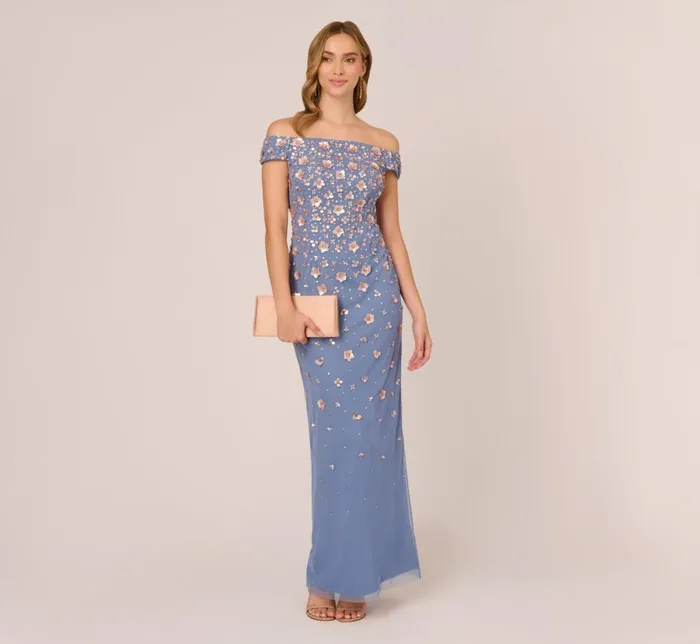 Long Dresses Womens Adrianna Papell Off Shoulder Dress With Floral Embellishment In French Blue Coral