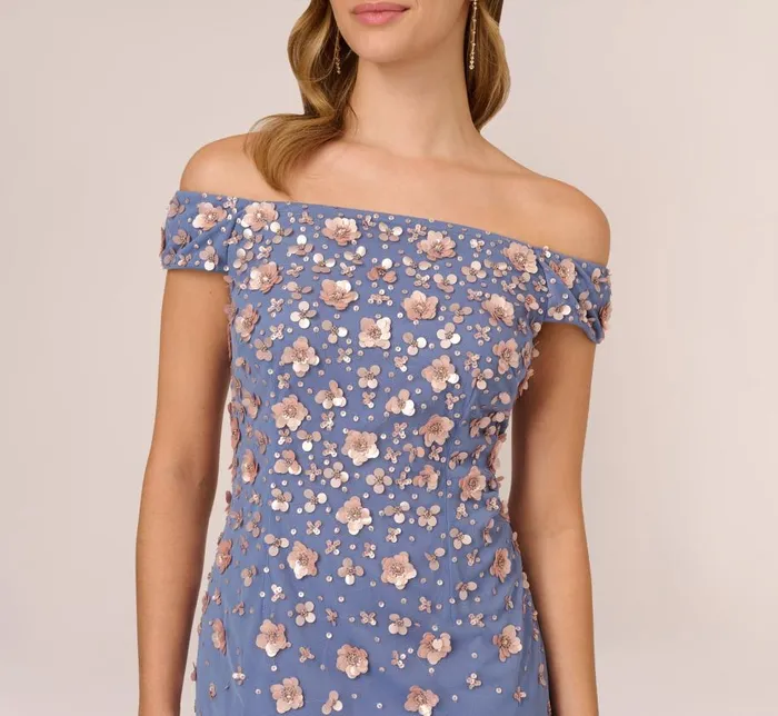Long Dresses Womens Adrianna Papell Off Shoulder Dress With Floral Embellishment In French Blue Coral