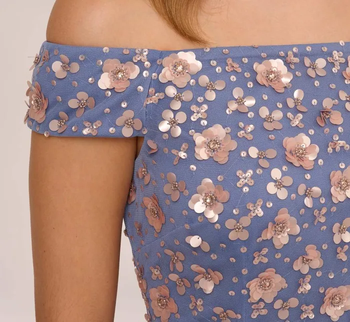 Long Dresses Womens Adrianna Papell Off Shoulder Dress With Floral Embellishment In French Blue Coral