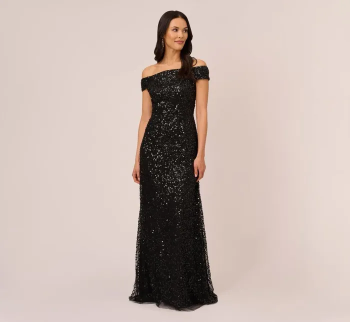 Long Dresses Womens Adrianna Papell Off The Shoulder Sequin Beaded Gown In Black Long Dresses Womens Adrianna Papell Off The Shoulder Sequin Beaded Gown In Black